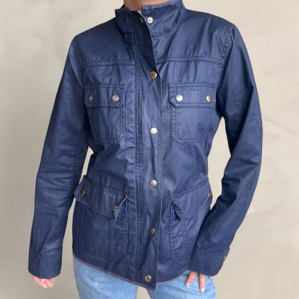 J Crew Downtown Field Cargo Jacket Waxed Cotton Size Small Navy Blue Gold